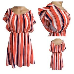 Orange and navy striped open sleeve dress size small